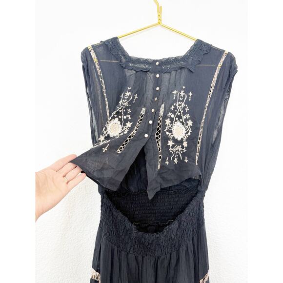 Free People New Romantics Delphine Midi Dress Size 10 Black Embroidered Boho - Picture 11 of 13